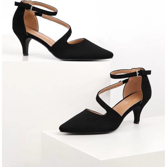 Women's Black Suede2 Polyurethane Pointed Toe Cross Strap Low Kitten Heel Pumps - Picture 4 of 7